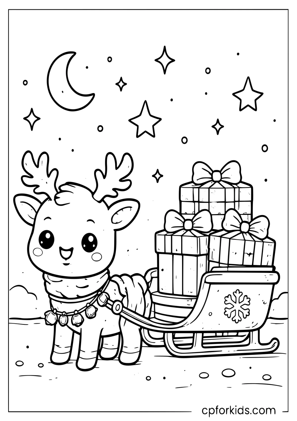 Kawaii reindeer pulling a small sleigh with presents