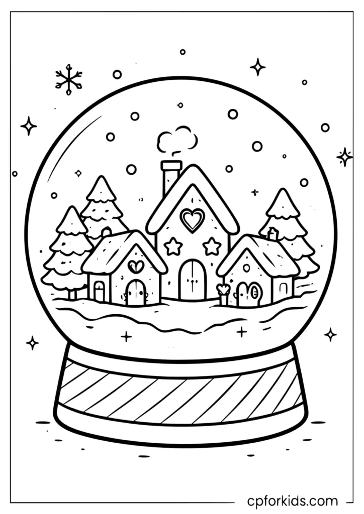 Kawaii snow globe with tiny village inside, printable coloring page
