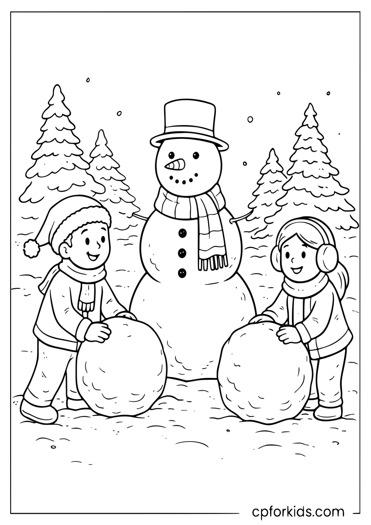 Kids building a snowman with scarves and hats