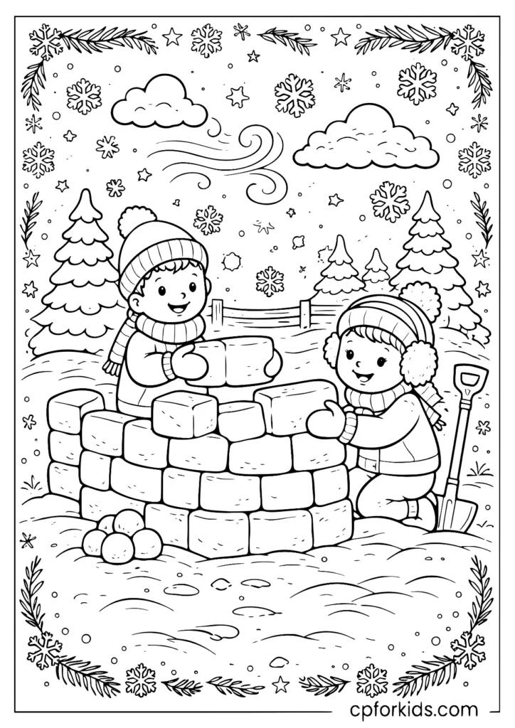 Kids building a snow fort winter coloring page for kindergarten