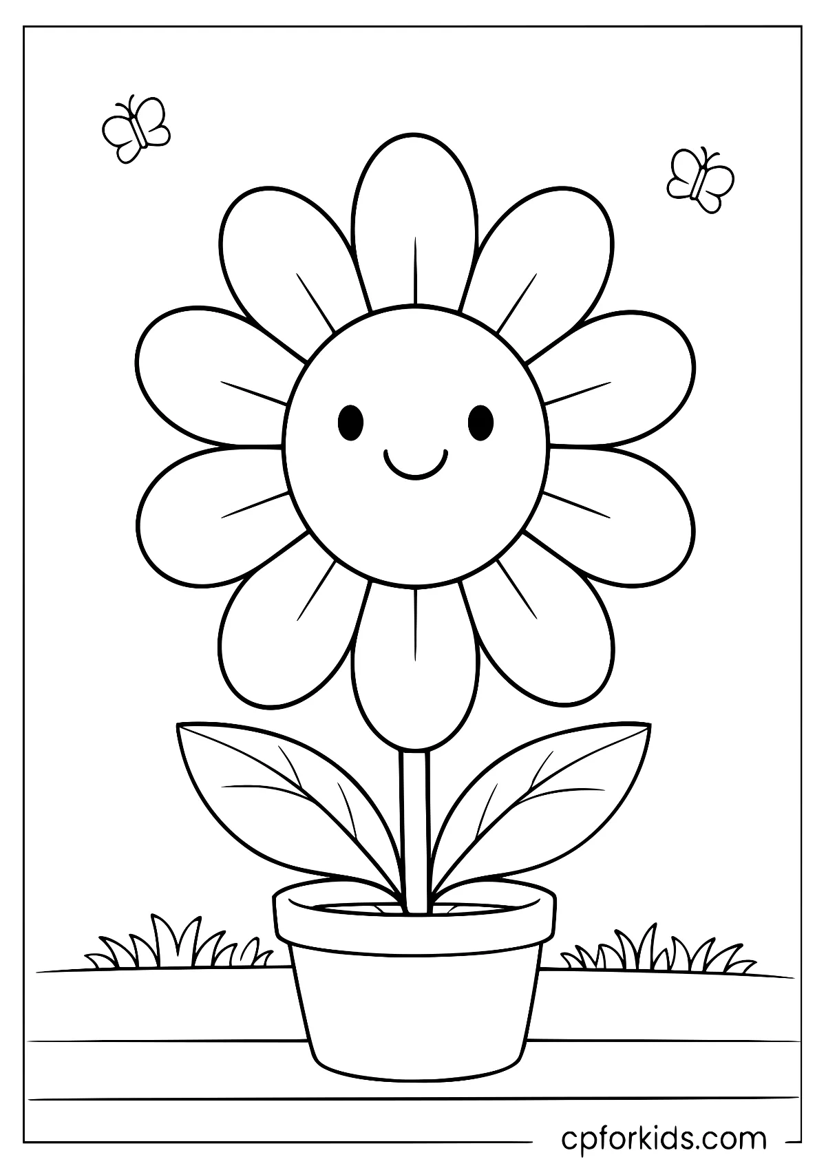 Large smiling flower in a pot with butterflies
