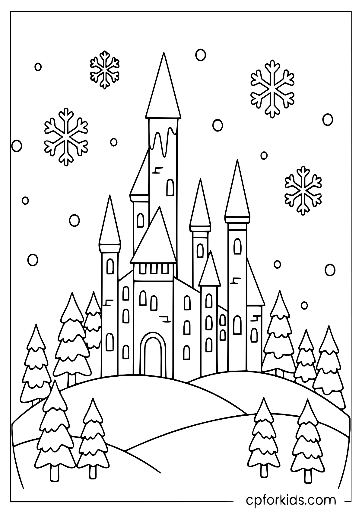 Ice castle with tall, magical spires
