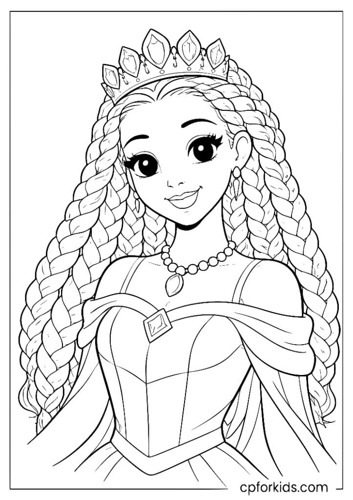 Close-up portrait of a Black princess with braided hair and a jeweled crown