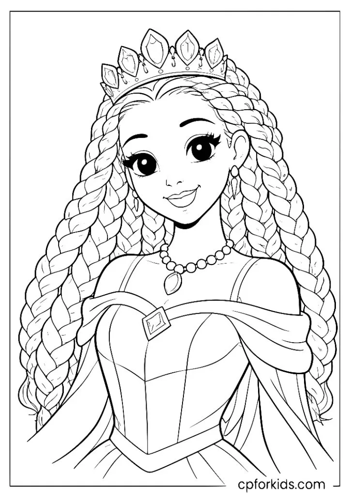 Close-up portrait of a Black princess with braided hair and a jeweled crown