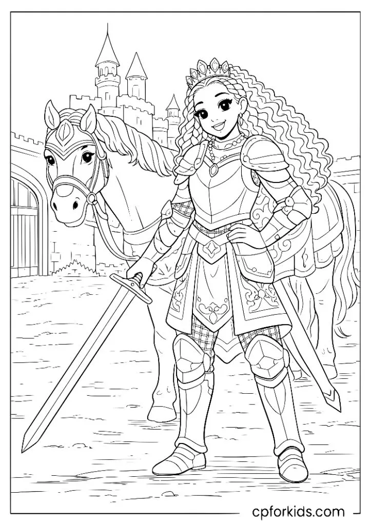 Black princess in full medieval knight armor standing beside her horse