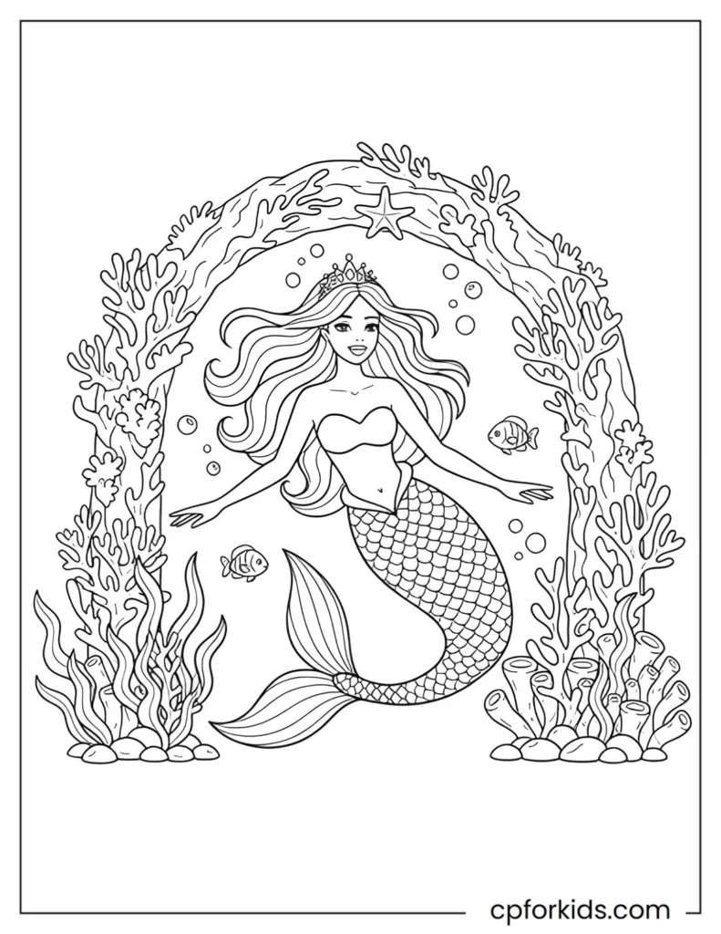 Mermaid princess with flowing hair floating near a coral archway surrounded by fish and underwater plants.