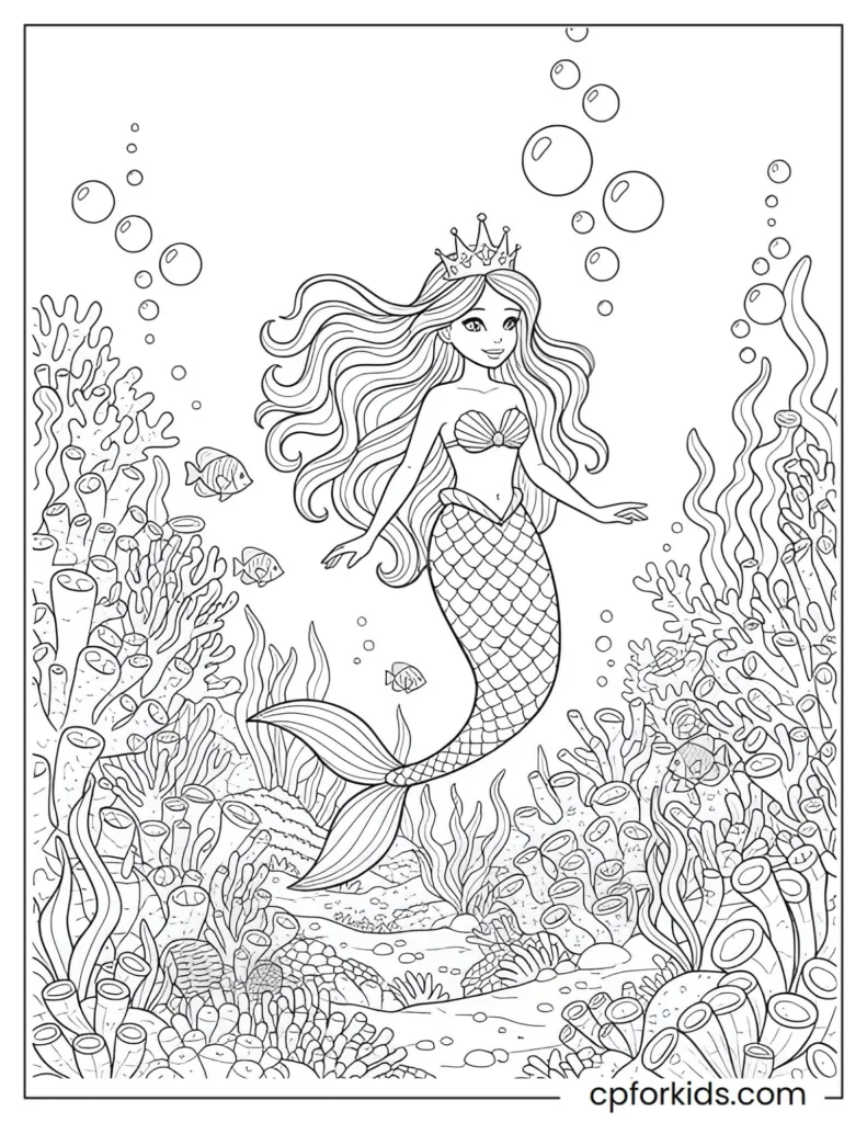Graceful mermaid princess swimming through coral gardens with tiny fish and natural underwater details.