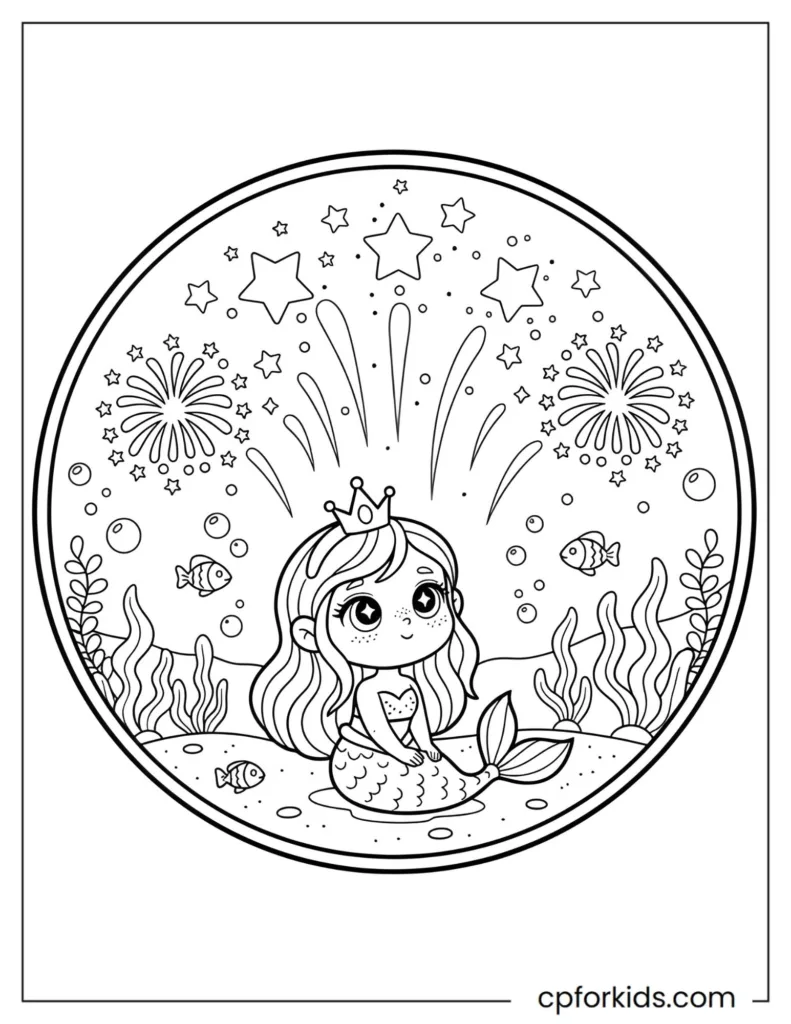 Mermaid princess enjoying underwater fireworks bursting into star-shaped bubbles in a festive ocean scene.