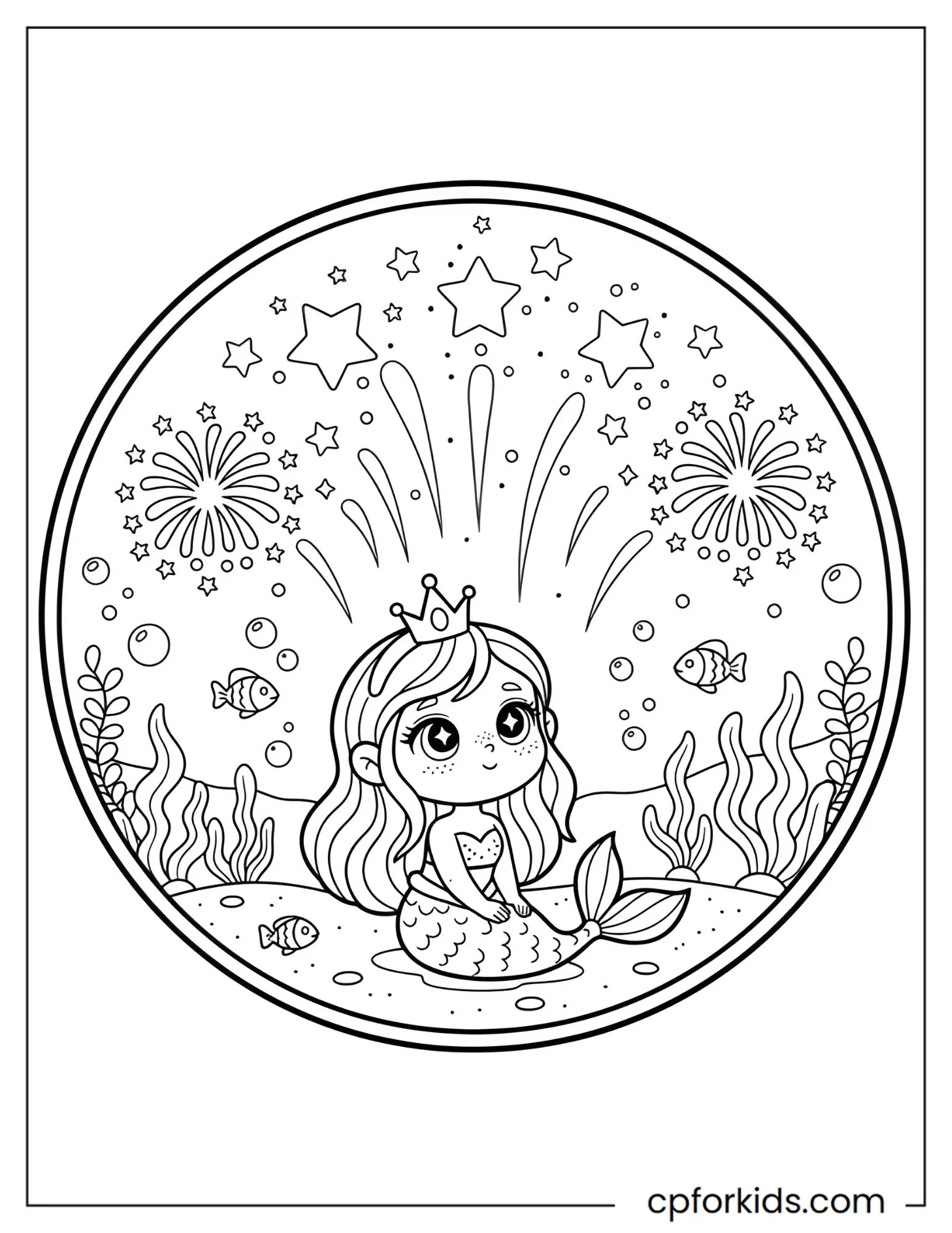 Mermaid princess watching star-shaped bubble fireworks