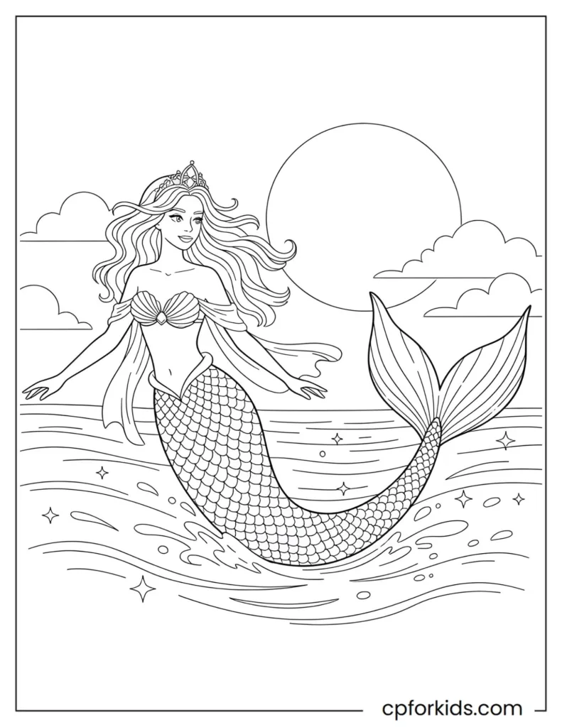 Elegant mermaid princess gliding above soft ocean waves with long flowing hair and a decorative tail.