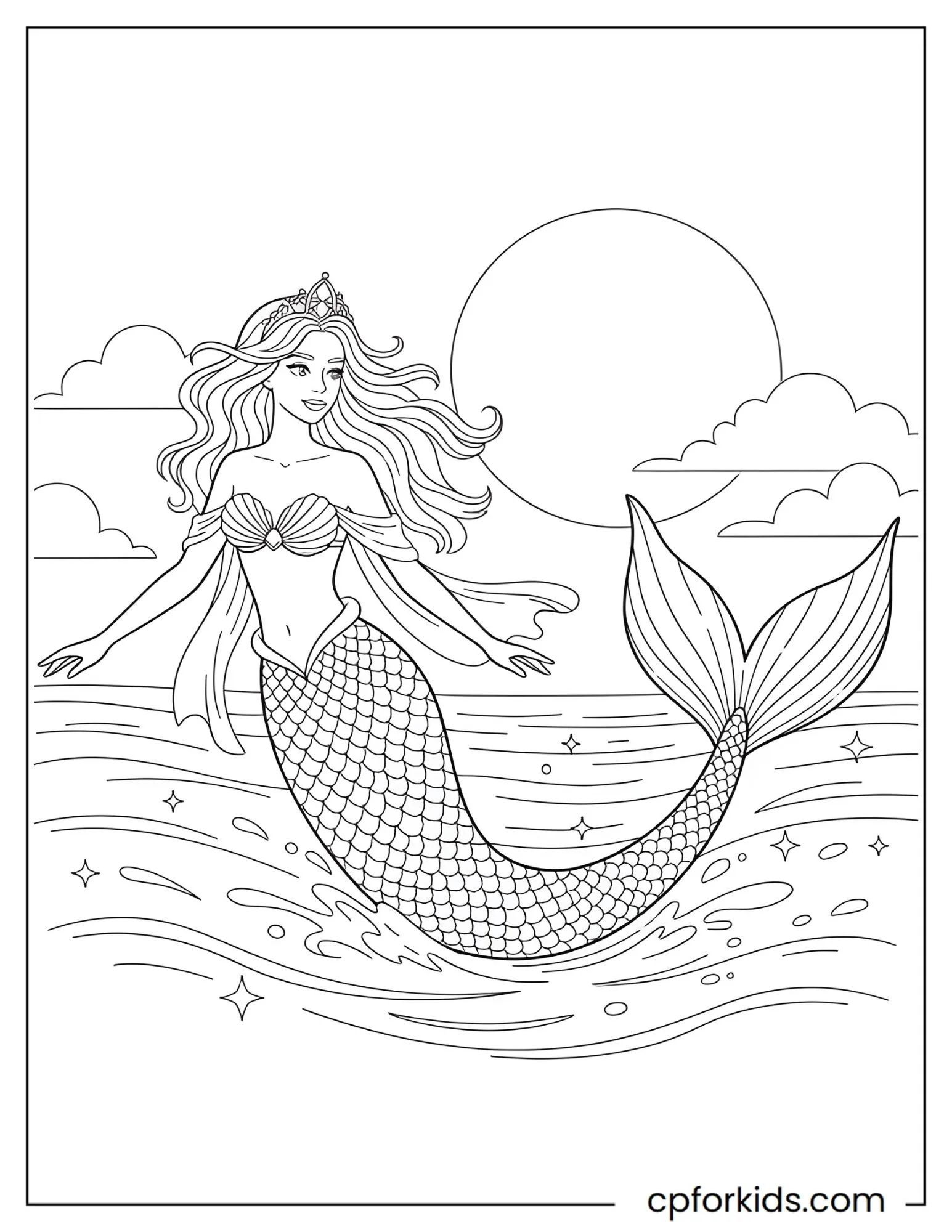 Mermaid princess gliding above gentle ocean waves