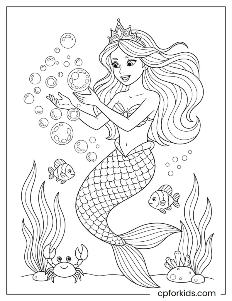 Enchanting mermaid princess creating bubble rings with a delicate crown and decorative tail details.