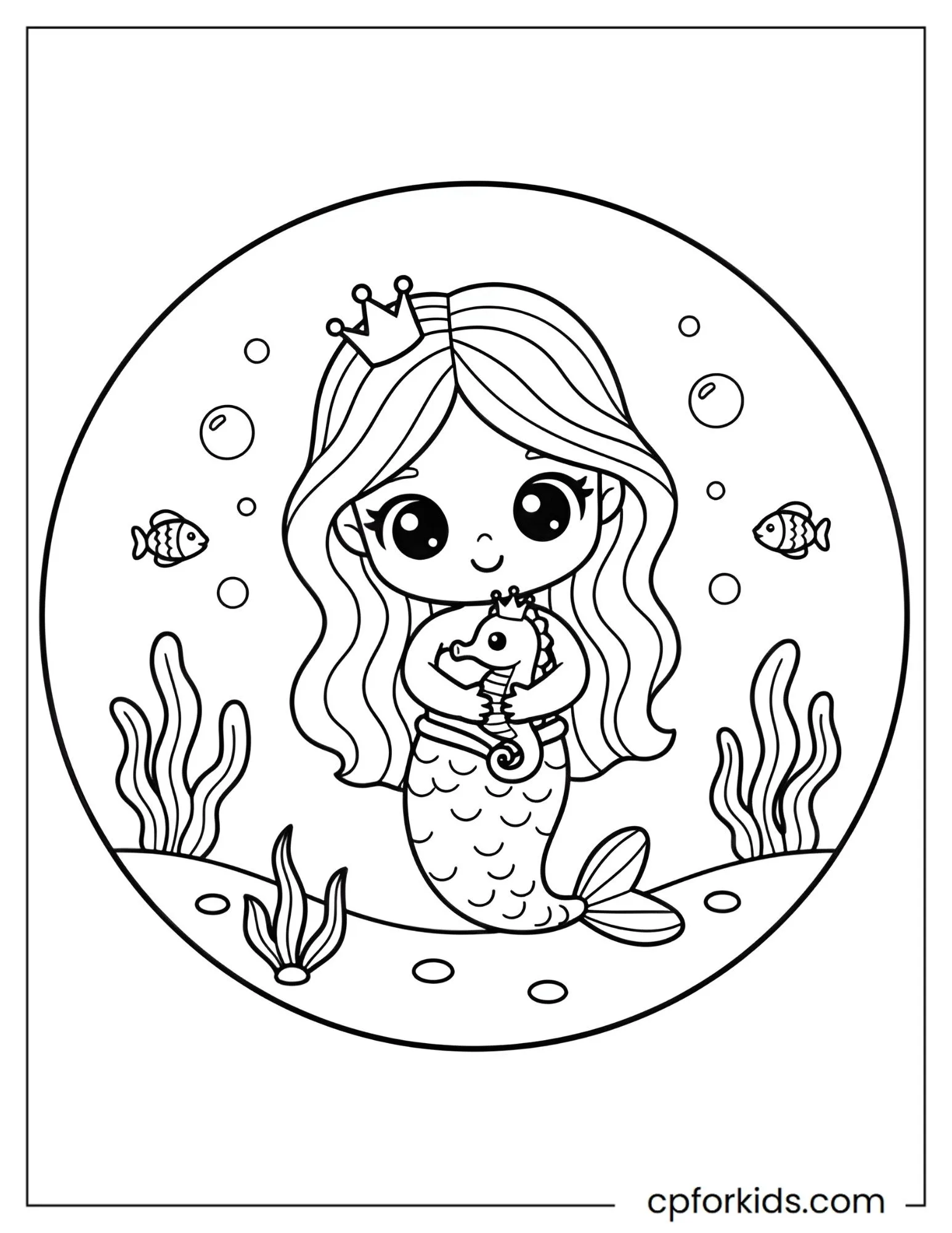 Mermaid princess holding an orb beside a seahorse