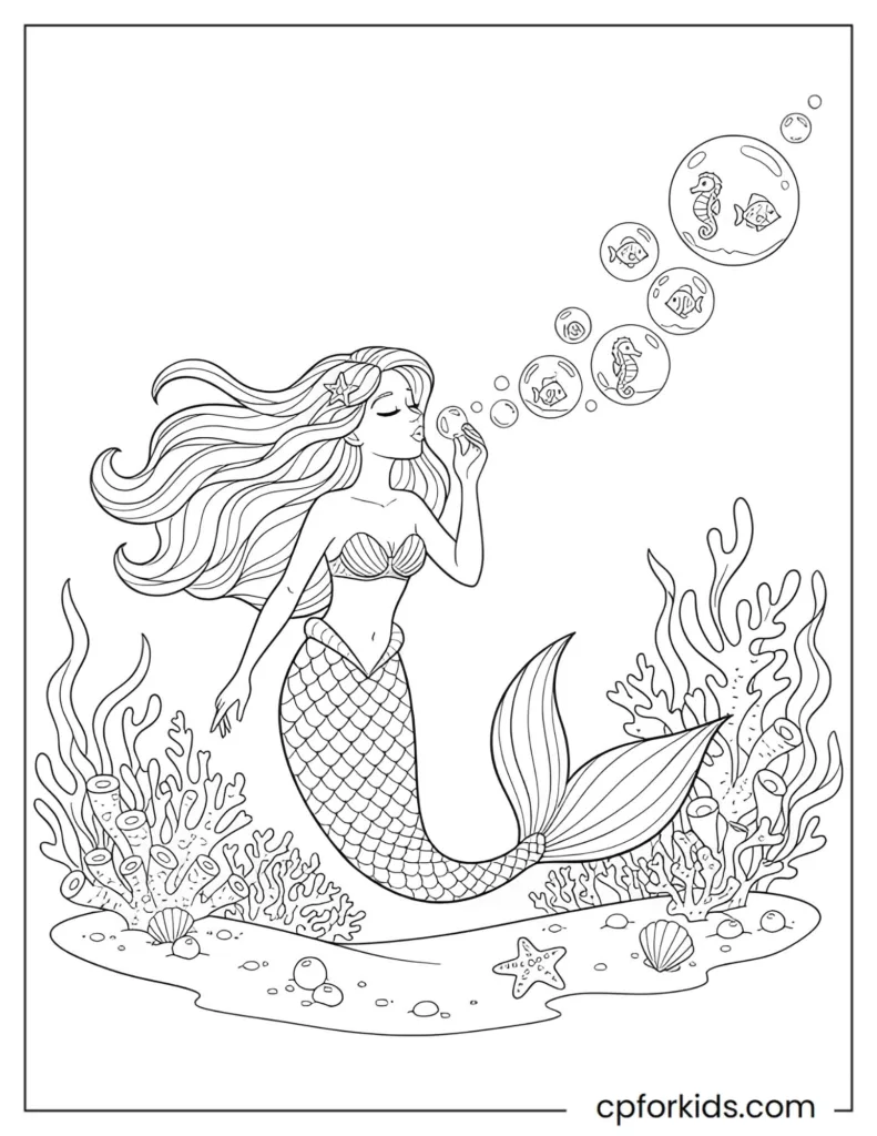 Coloring sheet of a mermaid princess creating magical glowing bubbles that transform into tiny sea creatures underwater.