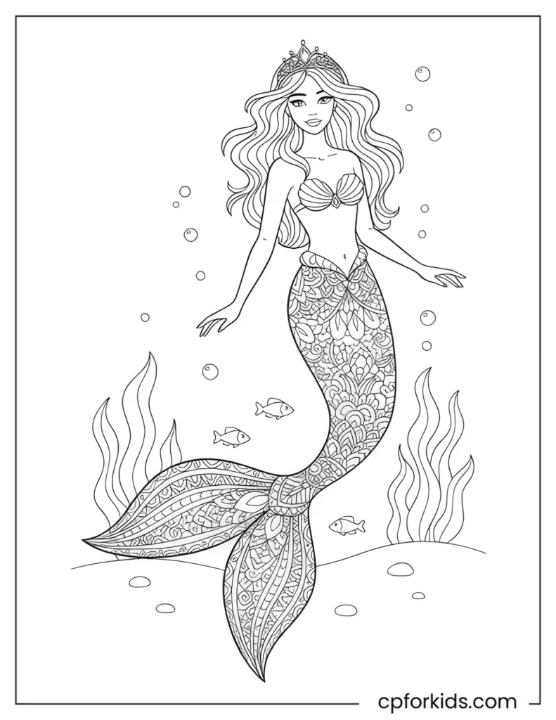 Stylish mermaid princess with a geometric mandala-inspired tail pattern surrounded by ocean details.