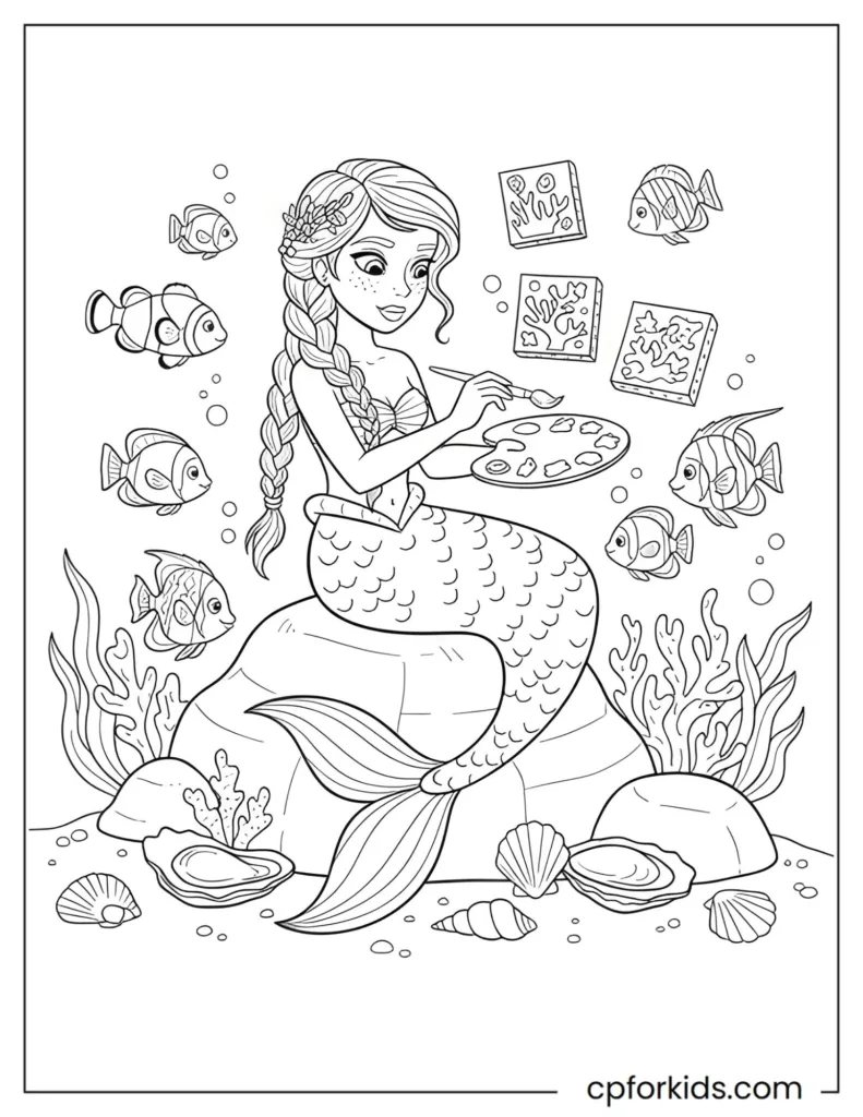 Mermaid princess coloring page showing a creative scene of painting coral canvases underwater with fish swimming nearby.