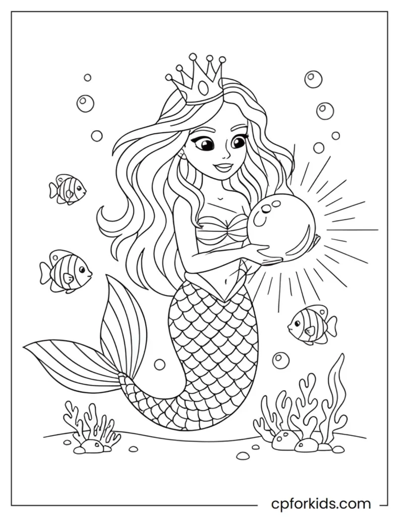 Fantasy mermaid princess holding a glowing pearl orb with a detailed seashell crown and sparkling underwater light.