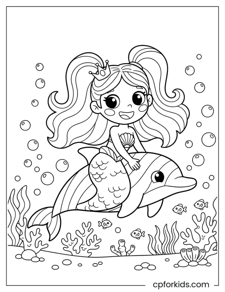 Cute mermaid princess riding a rainbow dolphin underwater, surrounded by bubbles and coral, perfect for kids to color.