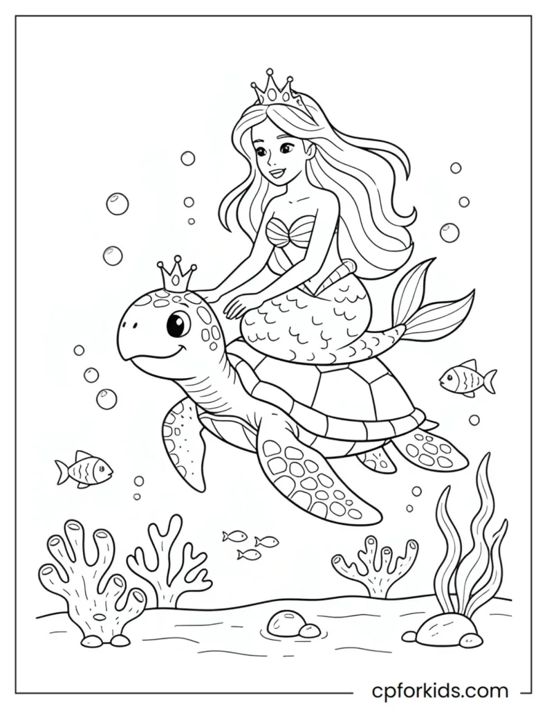 Cute mermaid princess wearing a crown while riding a sea turtle surrounded by soft ocean plants, ideal for underwater princess coloring pages.