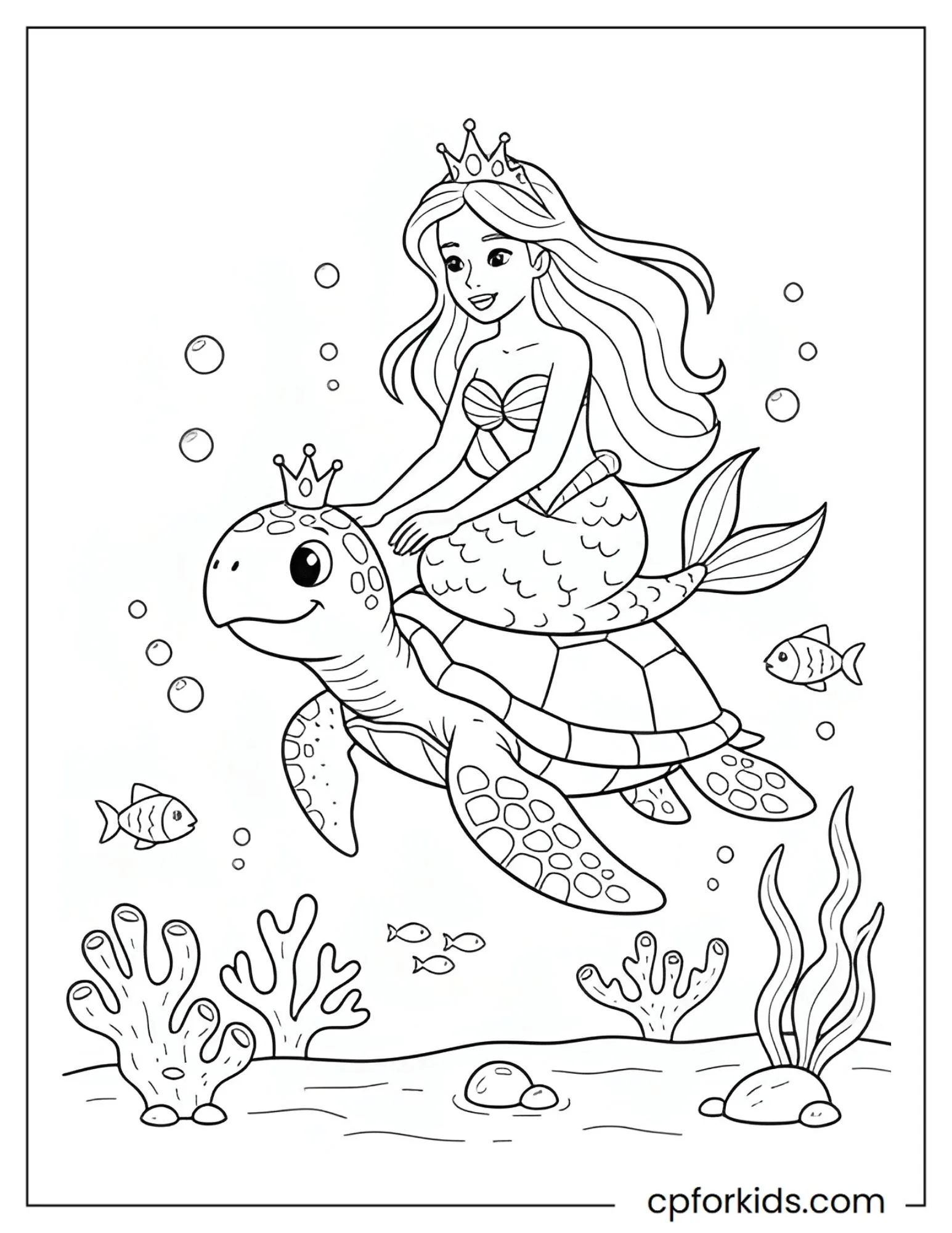 Crowned mermaid princess riding a sea turtle