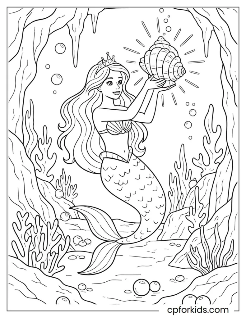Royal mermaid princess holding a glowing seashell lantern inside an underwater cave with pearls and corals, kid-friendly fantasy coloring design.