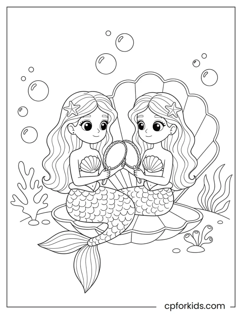 Cute mermaid princess looking at her reflection in a large seashell mirror in a simple kid-friendly underwater scene.