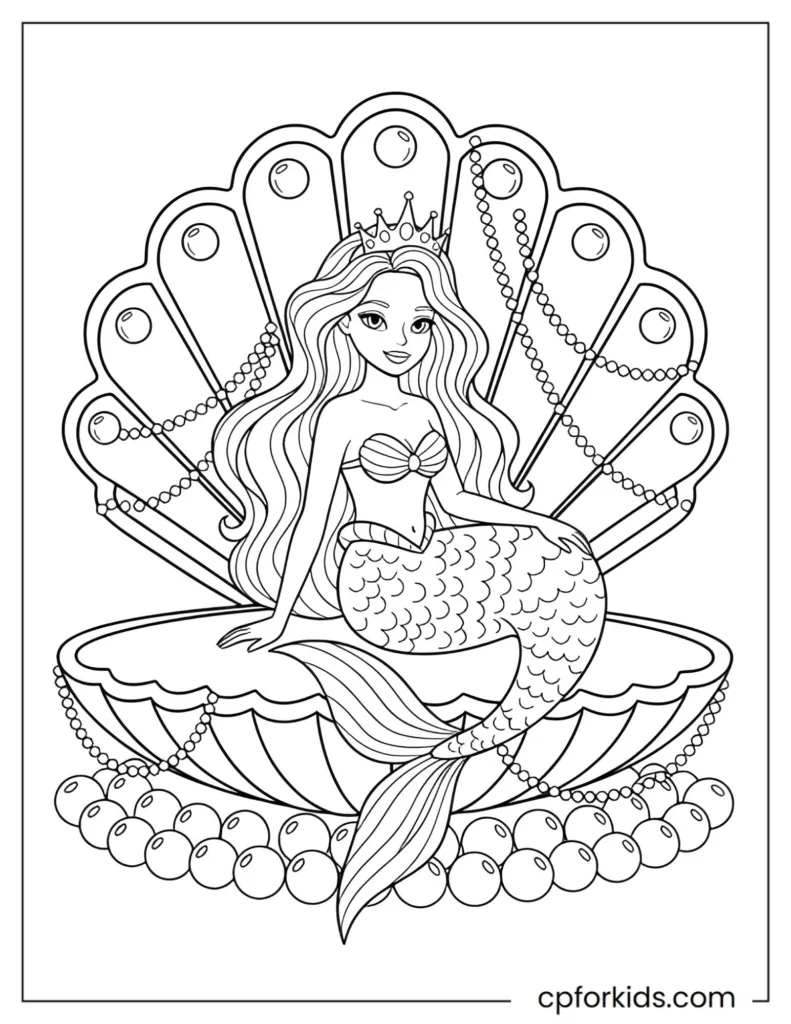 Royal mermaid princess resting on a giant seashell throne decorated with pearls and underwater palace elements.