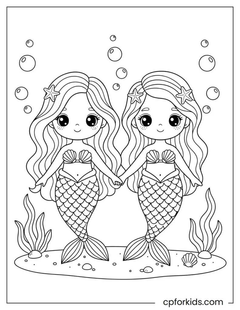Two mermaid princess sisters holding hands underwater with matching crowns and smiling expressions.