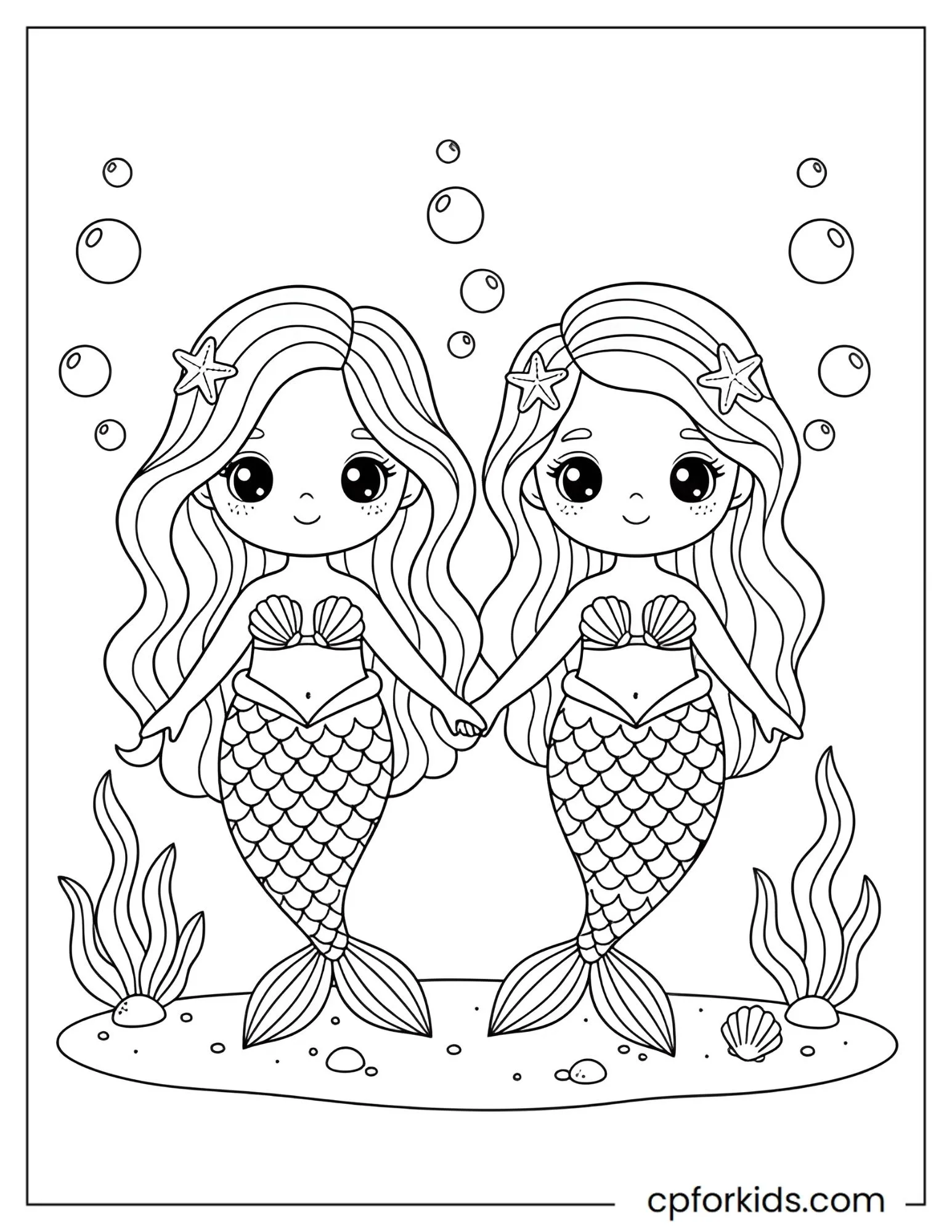 Two crowned mermaid princess sisters holding hands