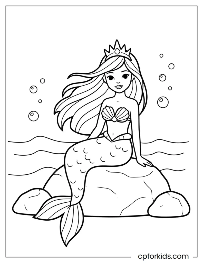 Relaxed mermaid princess sitting on a smooth rock with calm waves and a soft ocean breeze feeling.