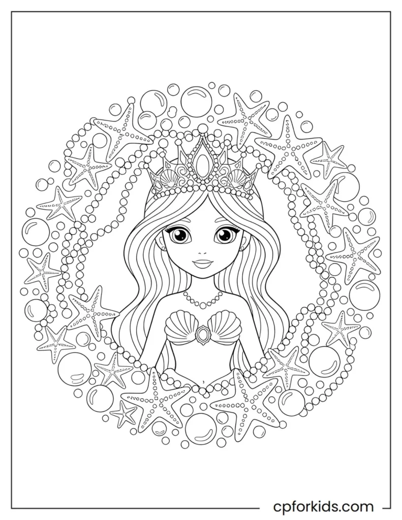 Royal mermaid princess surrounded by floating starfish, pearls, and sea plants in a classic princess scene.
