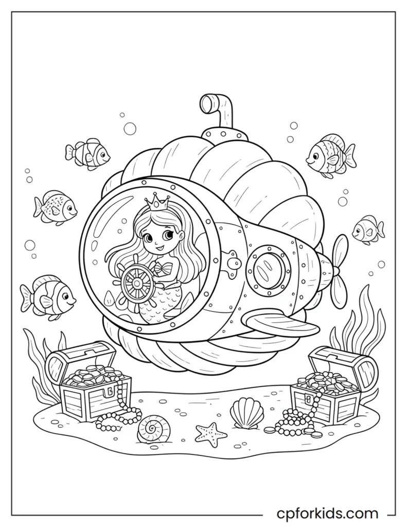 Fun coloring page of a mermaid princess exploring the ocean in a whimsical submarine with fish and treasure around.