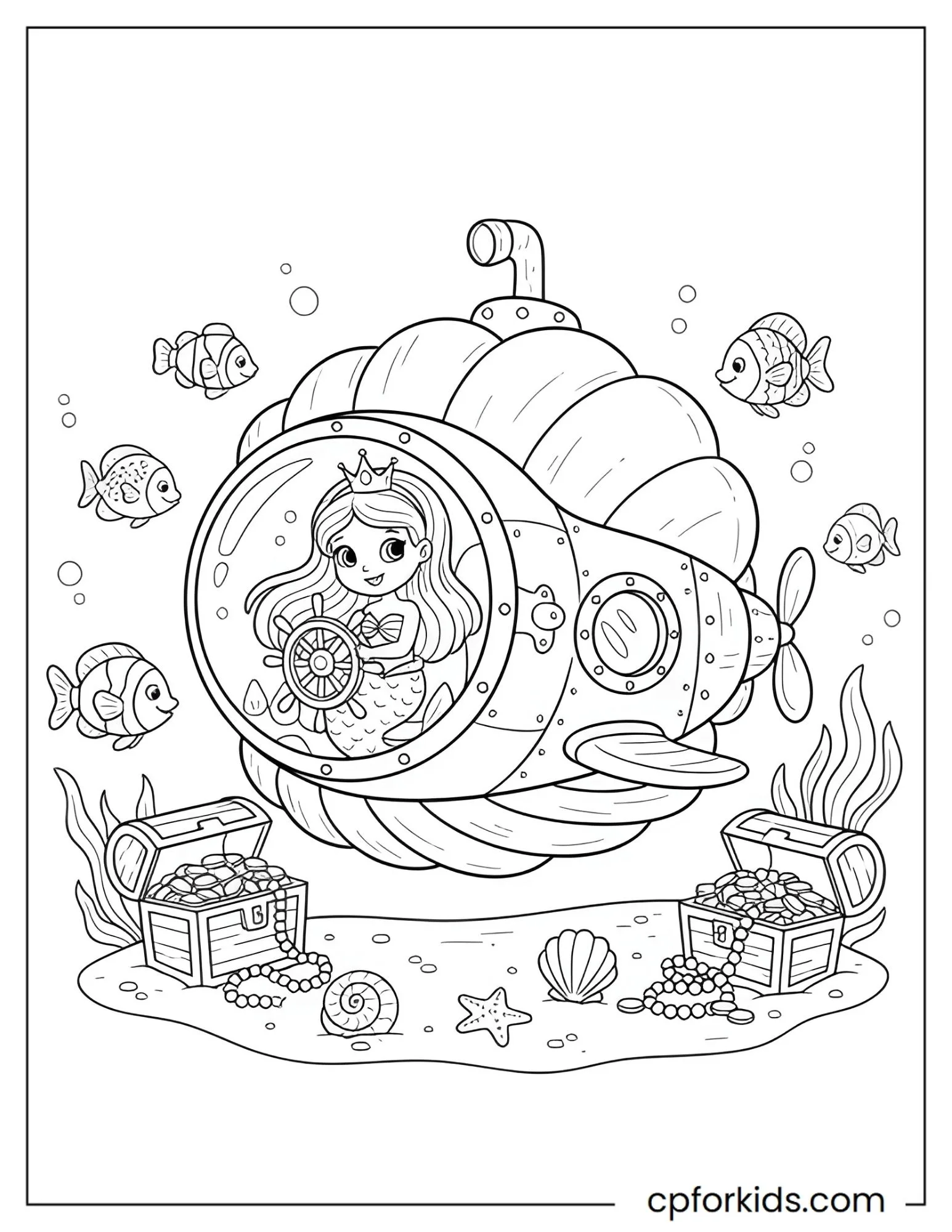 Mermaid princess exploring inside a small submarine