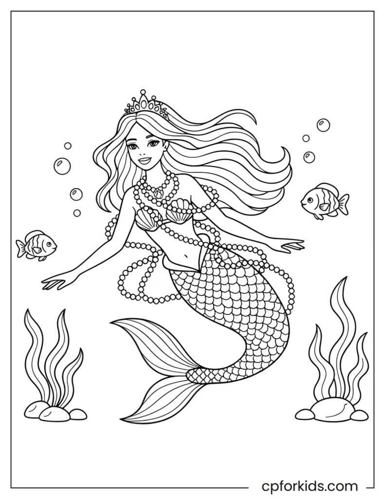 Elegant mermaid princess swimming underwater holding a pearl necklace with soft bubbles and sea plants.