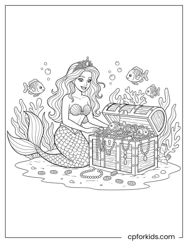 Excited mermaid princess opening a treasure chest filled with pearls, gold, and sea gems inside an ocean cave.
