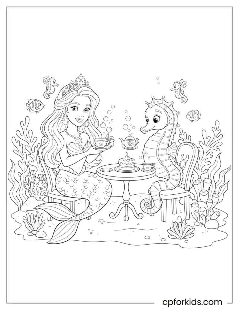 Fun coloring sheet of a mermaid princess enjoying an underwater tea party with tiny seahorse friends and floating teacups.