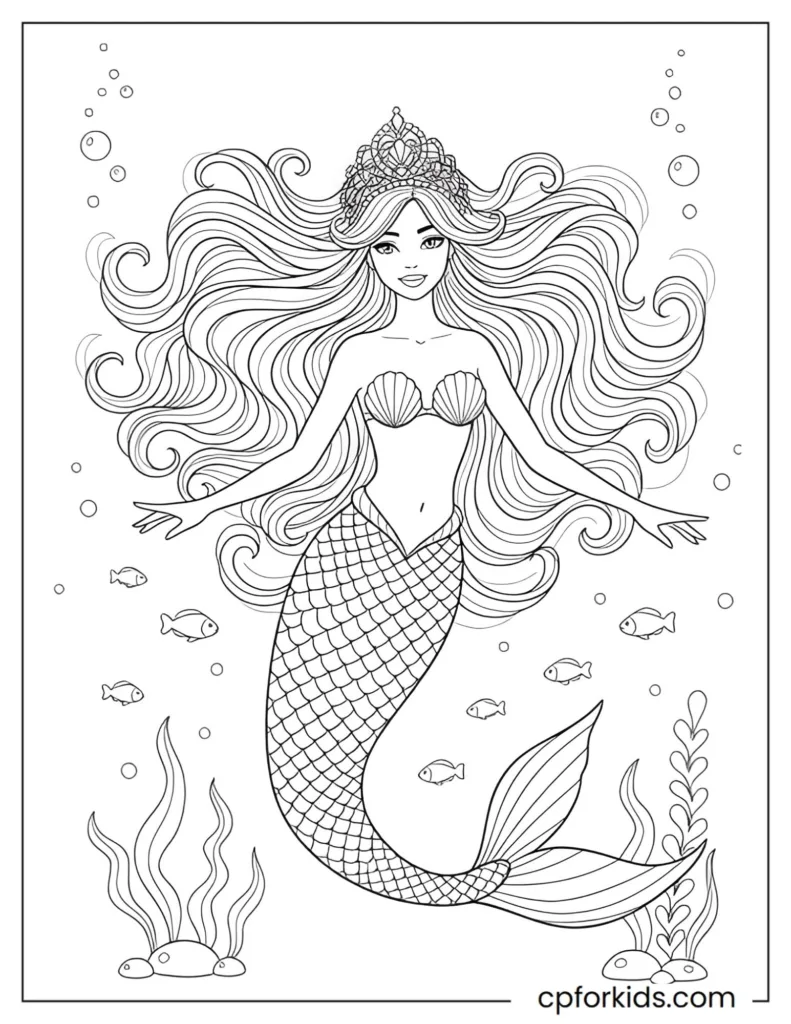 Beautiful mermaid princess with long wavy hair and a detailed seashell tiara floating underwater with fish and corals.