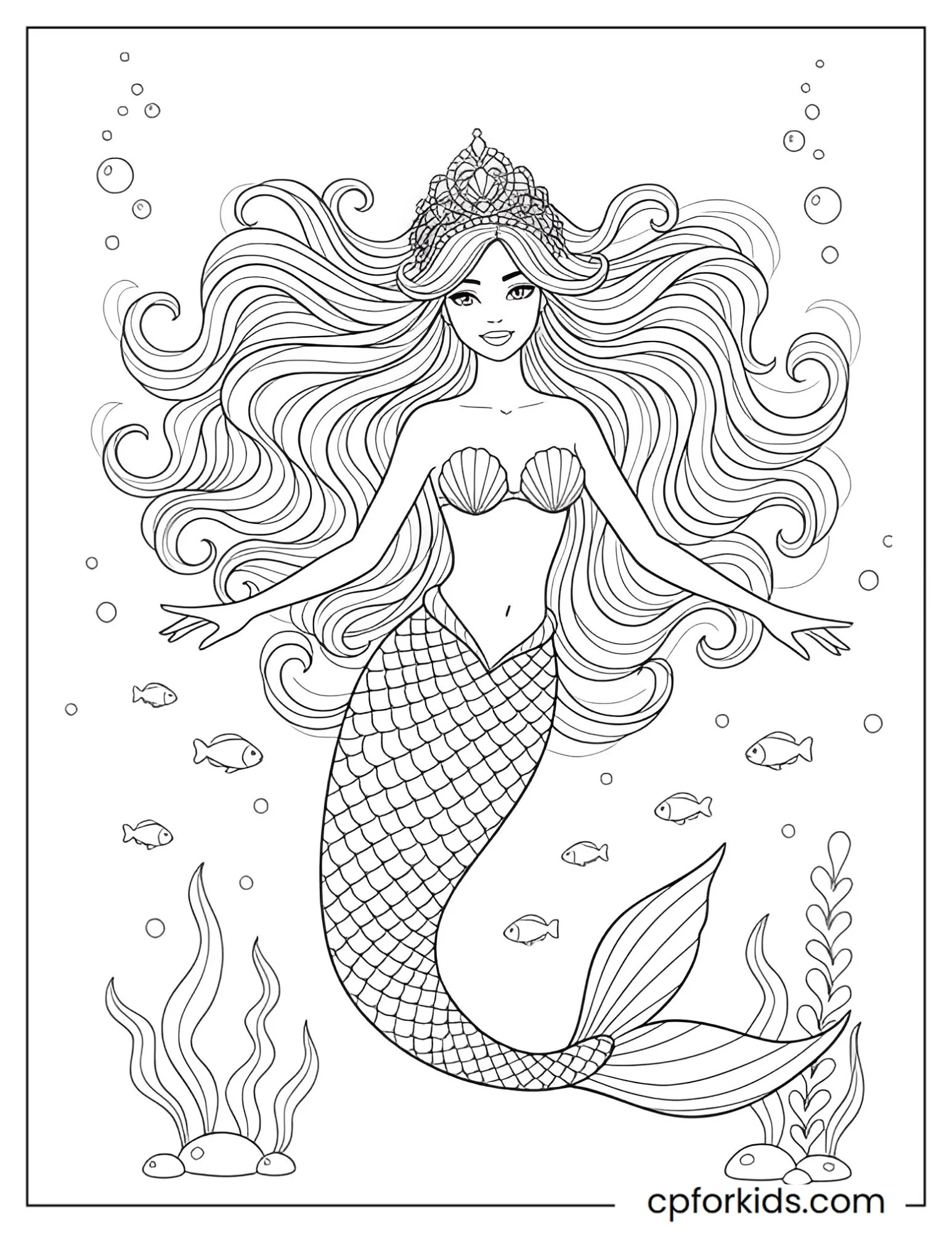 Mermaid princess with wavy hair and seashell tiara