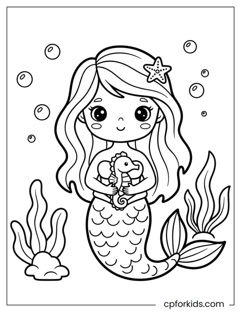 Cute mermaid princess holding her tiny seahorse pet in a simple kid-friendly underwater scene.