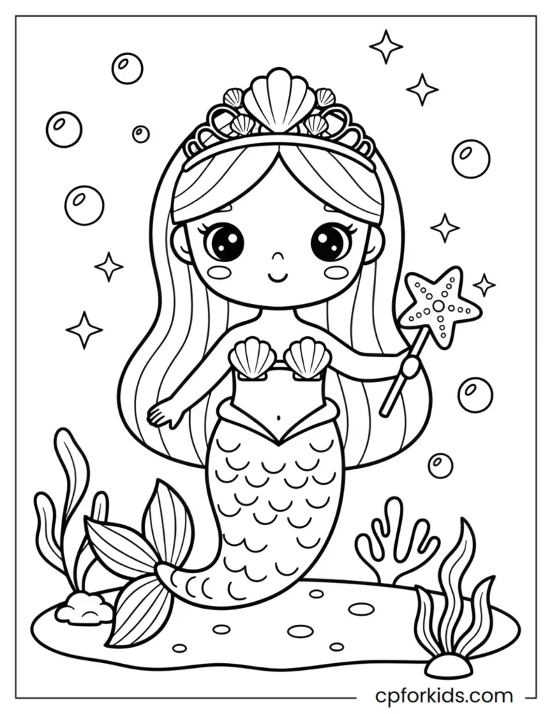Simple mermaid princess holding a starfish wand with gentle magic sparkles in an easy underwater design.