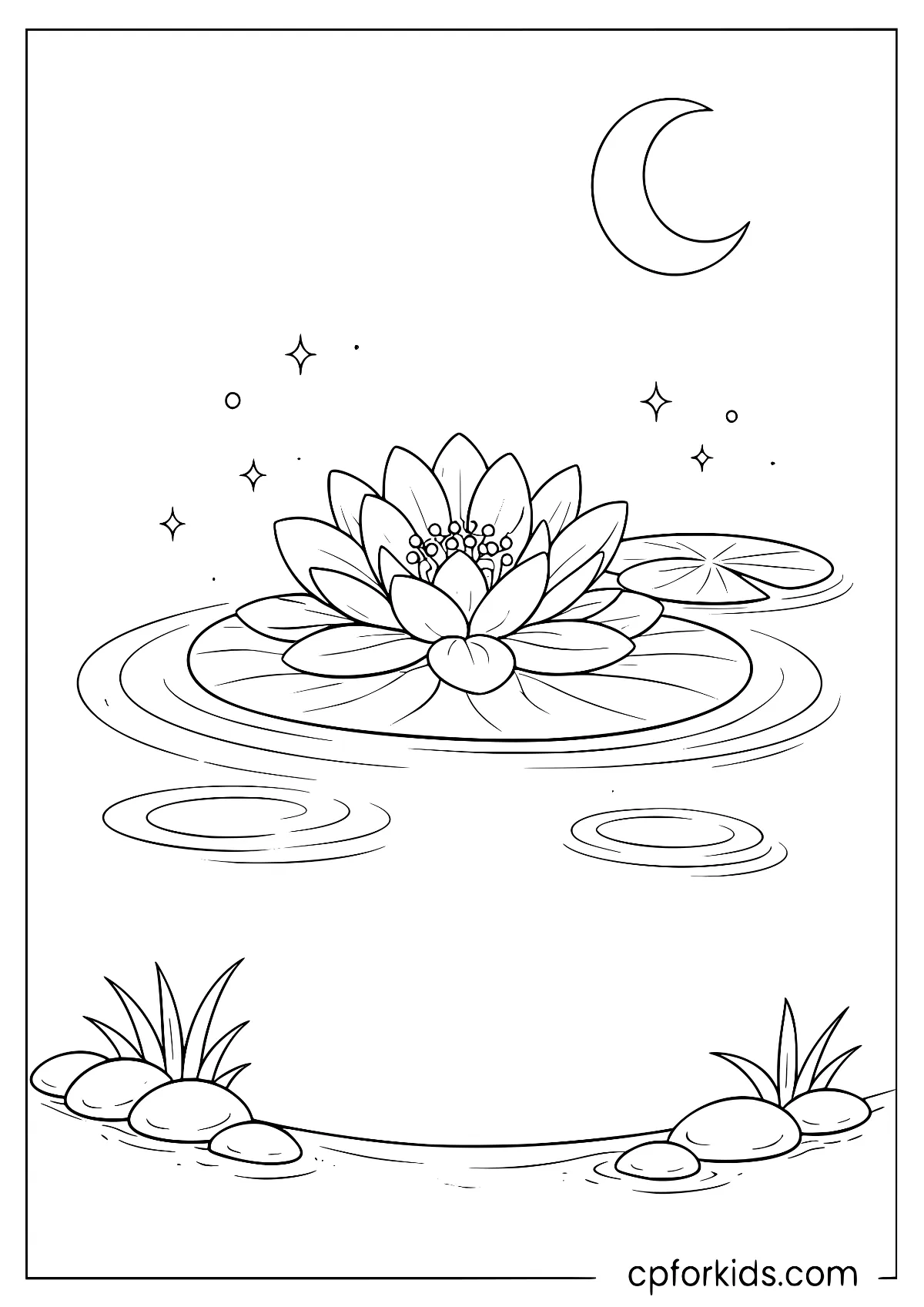 Water lily beneath a crescent moon and stars