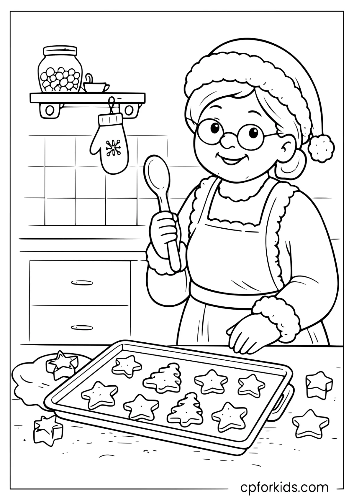 Mrs. Claus baking Christmas cookies in a cozy kitchen