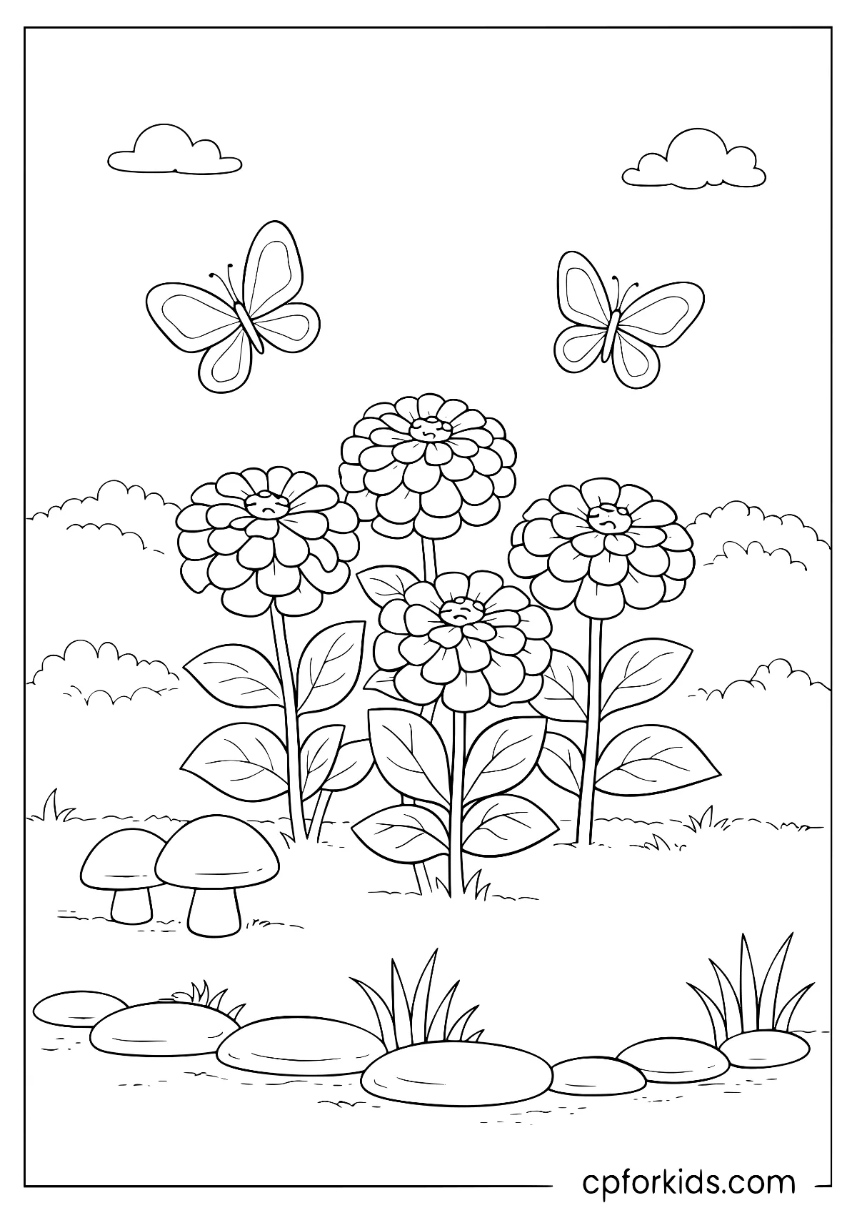 Two butterflies over flowers and mushrooms