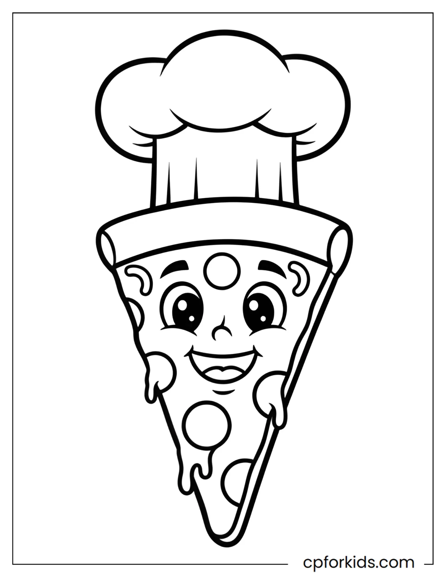 Smiling pizza slice character with toppings