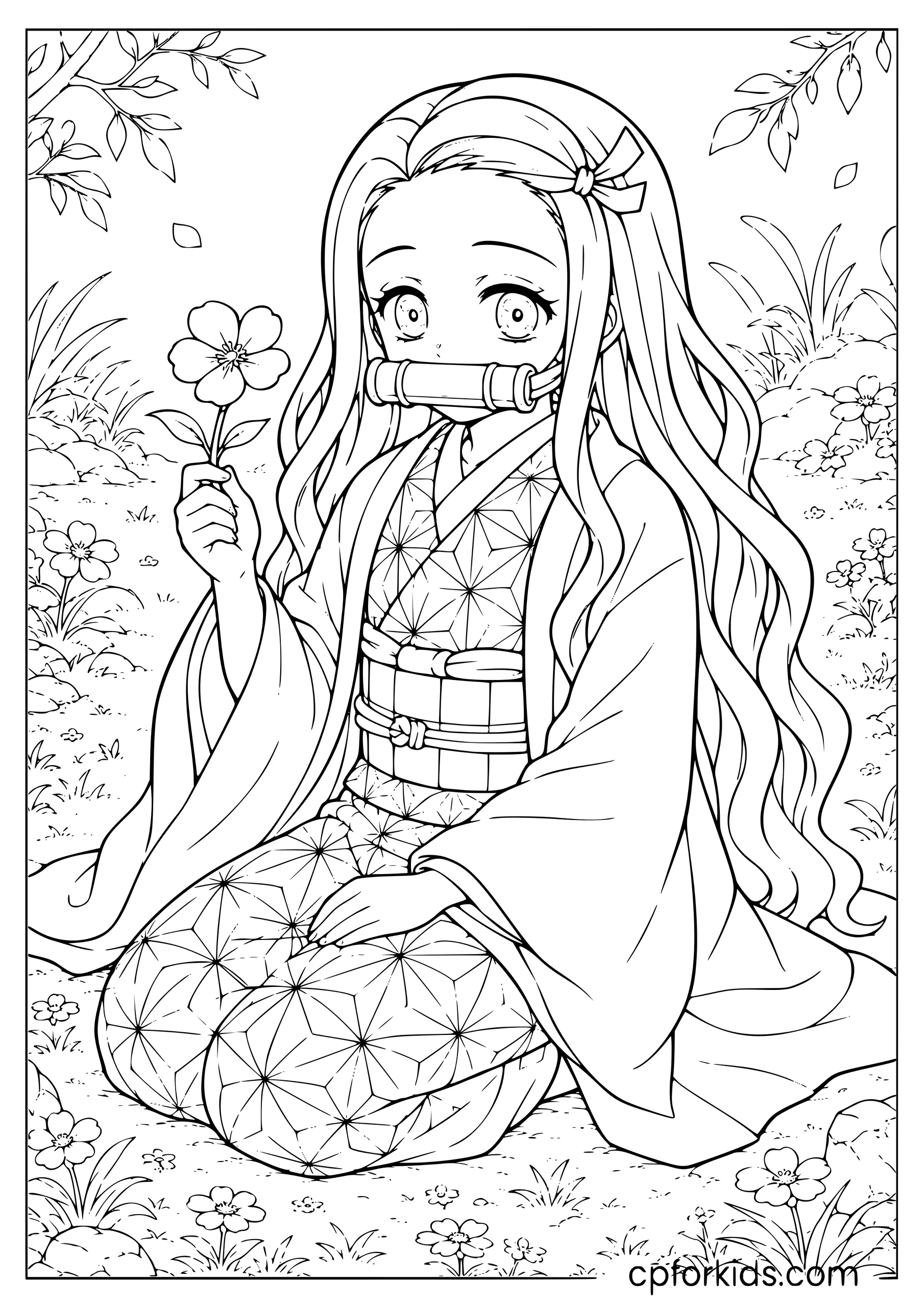 Nezuko — Sitting with Flowers