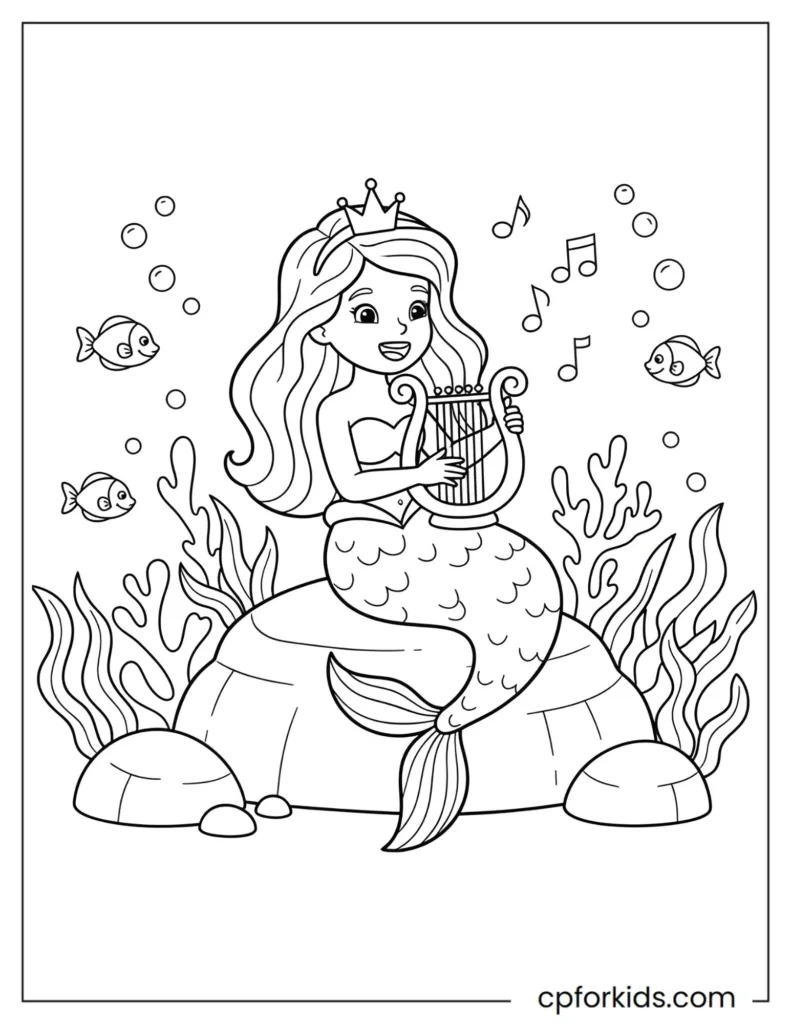 Mermaid princess playing a seashell harp underwater, simple line-art to color, surrounded by coral and bubbles.