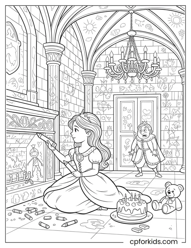 Humorous coloring page showing a princess sitting inside her castle coloring the walls.