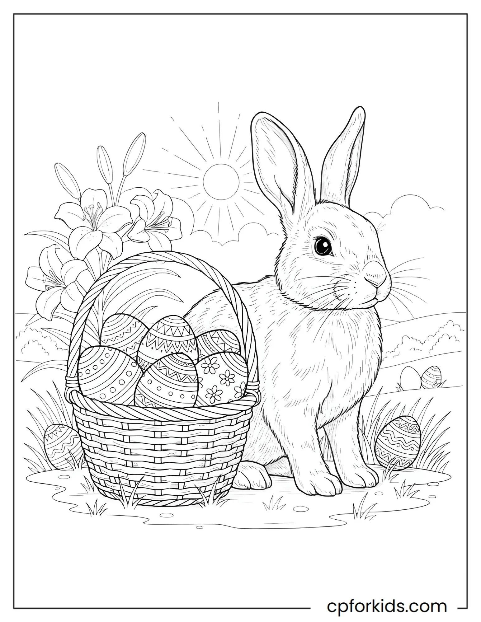 Realistic rabbit beside a basket of Easter eggs