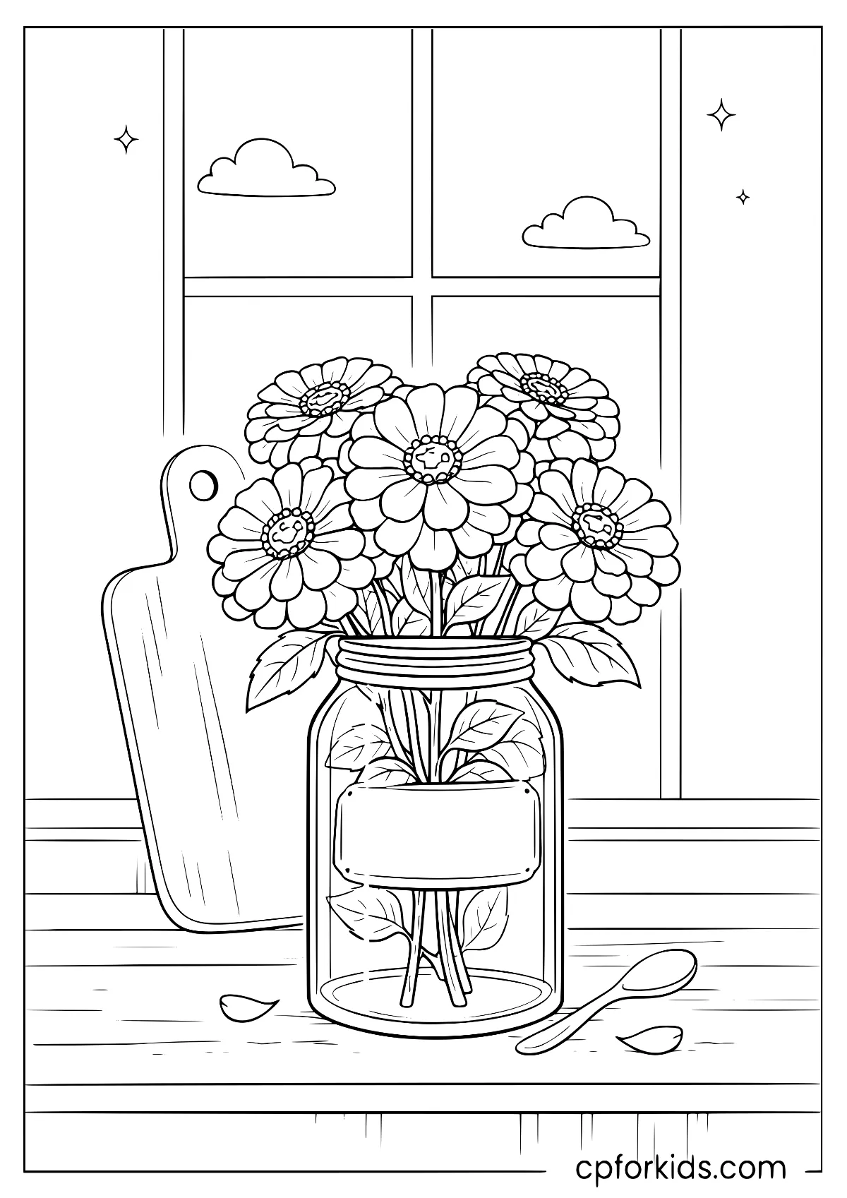 Flower jar beside a cutting board under a window