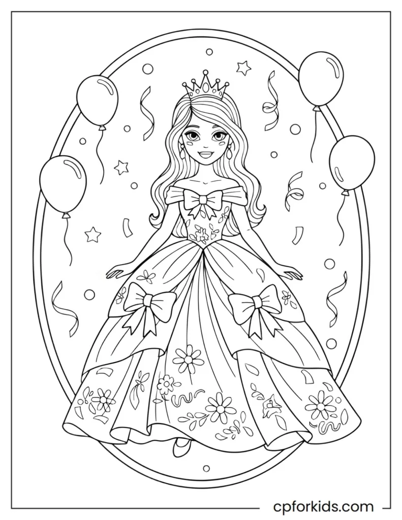 Simple outline coloring sheet of a royal princess suitable for birthday party decoration.